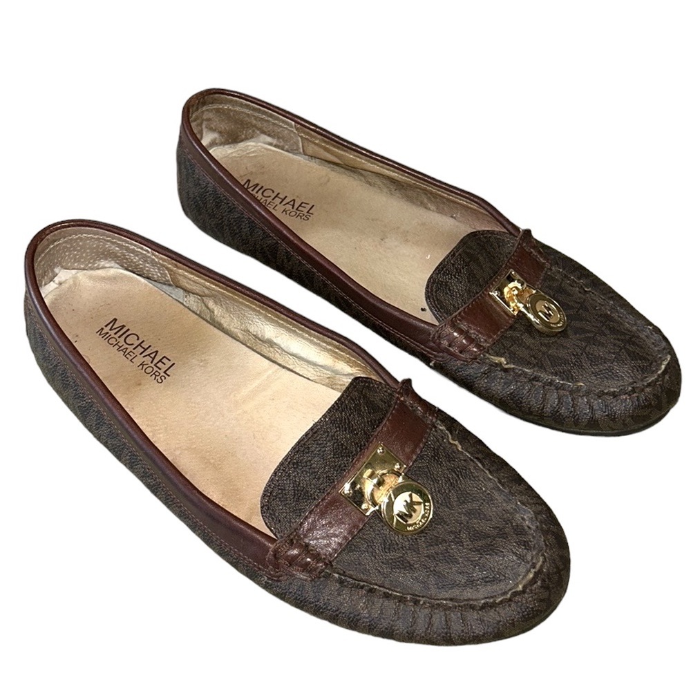Michael Kors Hamilton Brown MK Logo Gold Padlock Loafers - 9